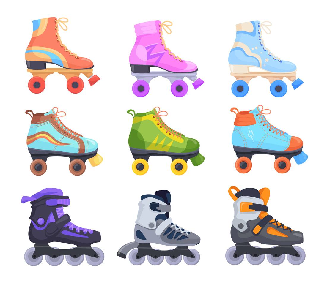 The image shows illustrations of nine different roller skates. The image represents if you should get quad skates or inline skates.