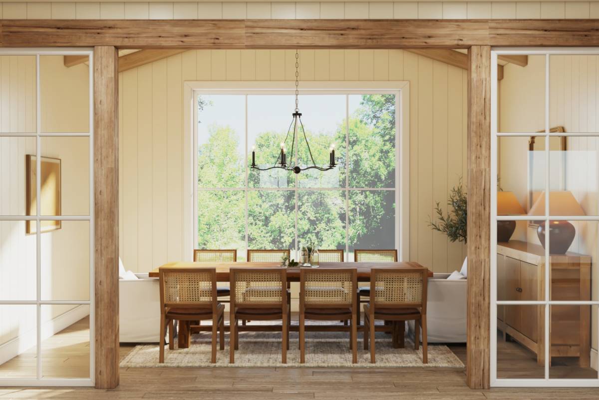 Dining room with matching table, chairs, and wood floors.