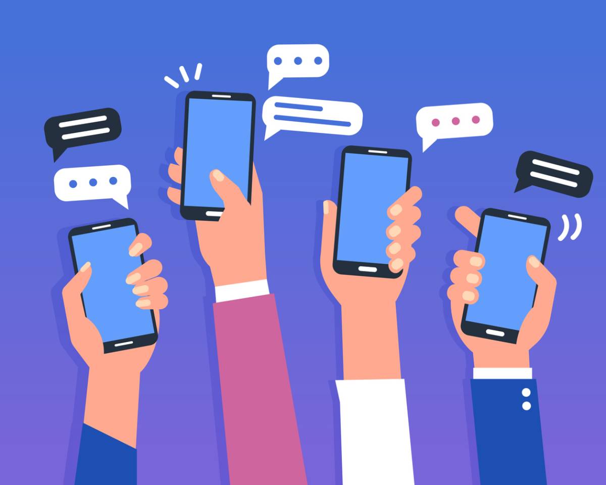 Hands holding smartphones. Social media chat concept. Flat style vector illustration.